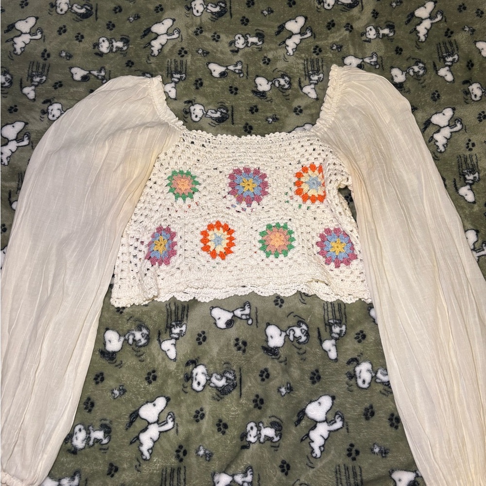 Aerie Cream Crochet Floral Blouse